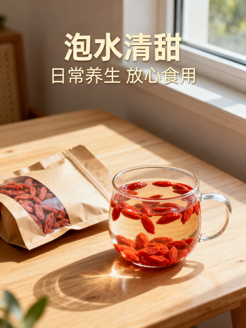 拼多多枸杞子主图，场景体验展示，舒适简约家居治愈风格。透明玻璃杯泡着枸杞子，红润枸杞子在杯中舒展，旁边放一袋牛皮纸包装枸杞子，放置在浅原木桌面，窗边自然光漫射，氛围温馨自然。全屏背景无边框，文字文案：预览效果