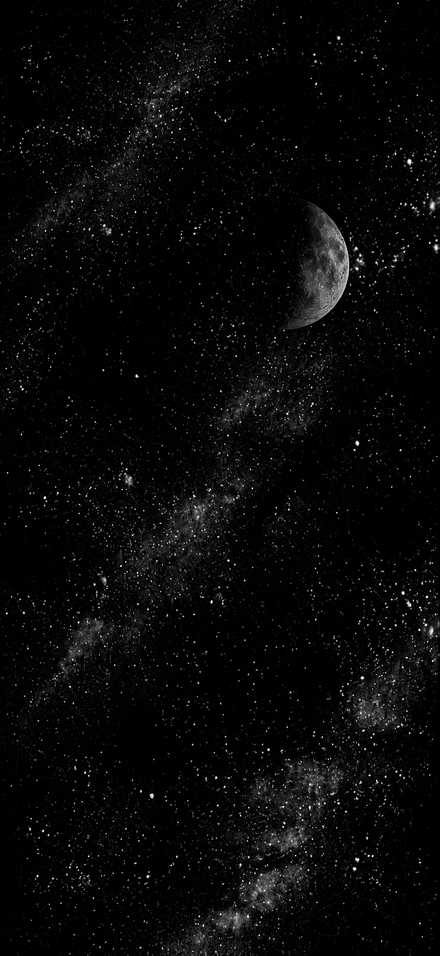 参考原图的黑白色调星空风格，重新生成包含星空和半月的宇宙画面，保持竖版构图，保留暗黑色调满天星点的质感