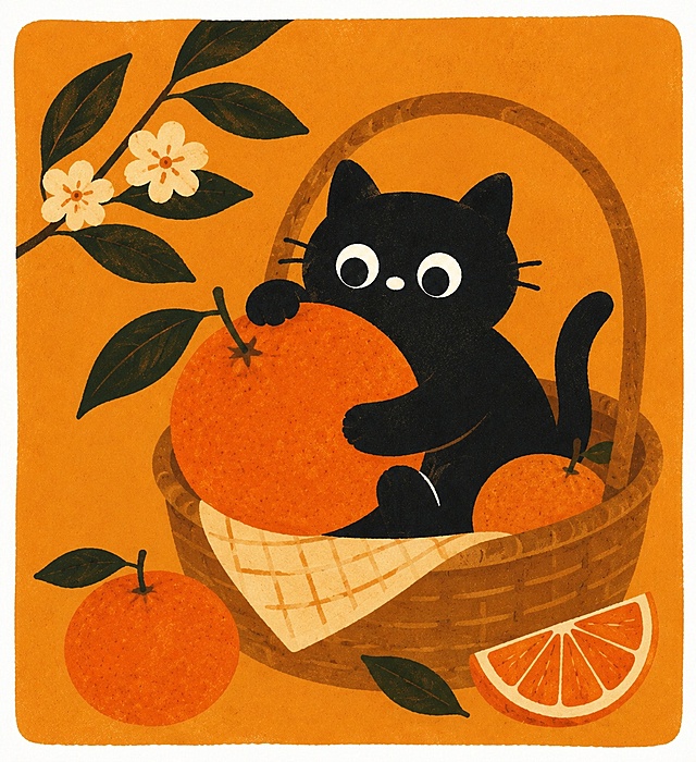 参考原图扁平插画风格和暖橙色色调，保留黑色小熊和橘子元素，重新设计构图，生成一张和原图布局不同的全新插画