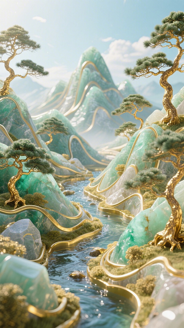 梦幻中式山水，琉璃山峦与鎏金松树交织，3D虚实光影流动，玻璃质感清透静谧，描边风勾勒唯美元素，虚拟自然意境悠远。