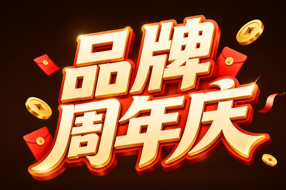 参考原图片立体艺术字风格，生成“品牌周年庆”立体大字，保留红包金币装饰元素，背景改为深褐色，保持立体金色渐变风格预览效果