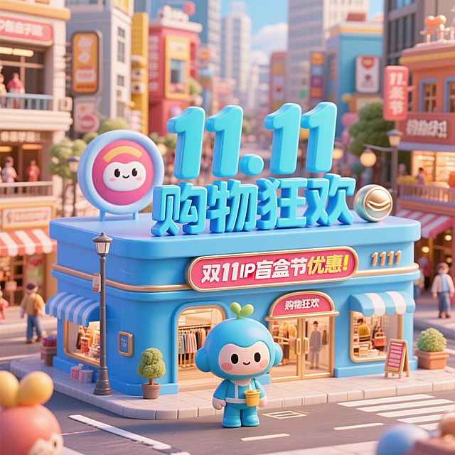 一座蓝色的卡通建筑，顶部矗立着巨大的“11.11 购物狂欢”立体字样，色彩清新且富有立体感。背景为繁华的都市商业街，热闹的购物街景。3D卡通渲染风格，色彩明快、造型圆润，通过夸张的立体字、醒目的促销标语和充满生活气息的街景，直观传递双 11 购物节的优惠力度与热闹氛围，吸引消费者关注购物狂欢活动。
