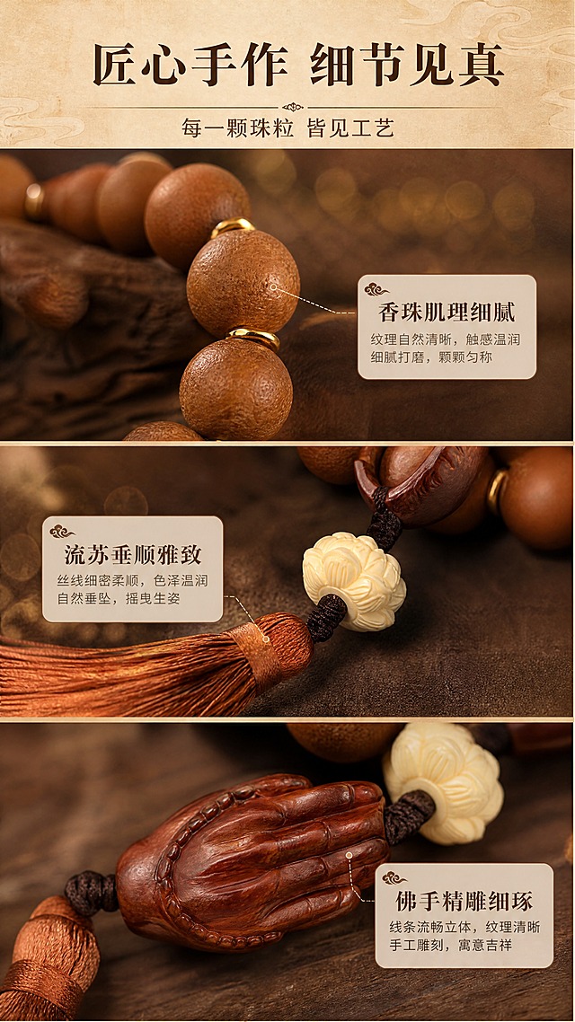 [商品] 使用【图1】妃子笑合香手持念珠；保留圆珠串结构、棕褐色香珠、佛手木雕坠饰、米白莲花隔珠、棕色流苏、整体颜色和比例；放大展示珠粒细腻纹理、木雕佛手细节、莲花隔珠雕刻、流苏丝线质感，不改变商品结构。
[画面] 页面目标：细节质感，微距特写展示工艺与手工品质；构图：竖版，画面分布3处细节特写拼接，左上珠粒纹理微距，右下佛手木雕坠饰特写，中部莲花隔珠+流苏衔接处特写；景别：微距特写；背景：深棕色绒布/木纹理虚化，柔和光斑点缀；营造高级珠宝级细节展示。
[视觉] 套系策略：风格=东方禅意国风商业摄影；标题字=宋体粗体（典雅宋体）；正文字=简洁宋体；主色=暖棕檀木色；背景延展=基于暖米杏色做深浅渐变、同色系晕染和细腻宣纸/木材质感；强调色=深赭石色，仅用于小面积图标、引线和标签；标题色=深棕褐色；正文色=暖棕灰色；组件=圆角浅底信息卡、细线引线、祥云/卷草纹点缀；光影=左前侧暖柔光，柔和阴影，突出材质肌理。
[文字] 画面顶部主标题"匠心手作 细节见真"，副标题"每一颗珠粒 皆见工艺"；3处细节分别配短文字：香珠肌理细腻 / 佛手精雕细琢 / 流苏垂顺雅致；文字横排，分布在各特写旁留白处。
[规格] 图片比例9:16竖版，4K分辨率，medium质量；避免变形、错字、文字过小、冷蓝/蓝灰背景、商品颜色改变、结构失真、绝对化用语。