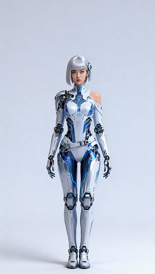 将参考图中人物扩展至完整全身照，且是双脚并拢直立站姿，其他保持不变