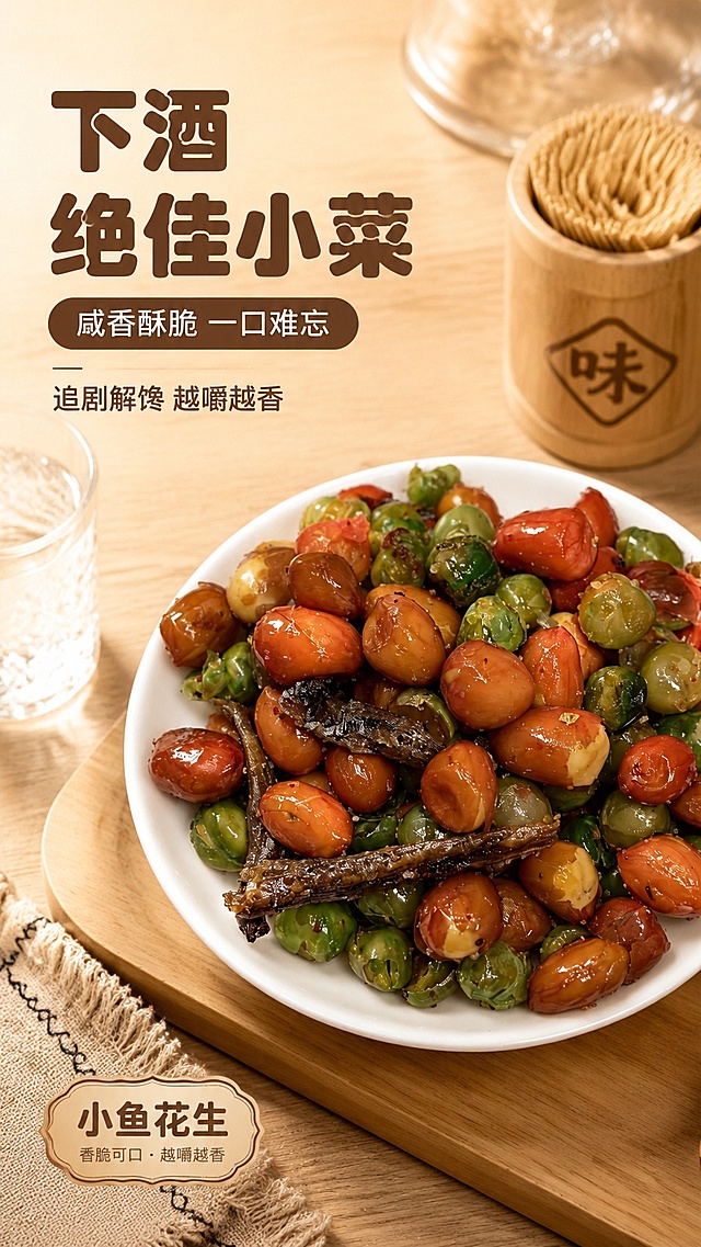 [第1屏] 详情页头图-小鱼花生下酒小菜宣传海报。本屏使用【图1】作为商品主体。
[氛围/风格] 家常烟火气美食海报风，暖调背景，真实诱人食欲，商业美食摄影质感。
[元素布局] 商品主体置于画面右侧中下位置，占比约70%；左上预留标题区域，背景使用浅原木色餐桌板；周围点缀玻璃酒杯和牙签筒，营造下酒场景氛围；保持小鱼花生的结构、颜色、材质和输入产品图一致。
[光影质感] 左前方柔暖侧光照明，右下方自然投影，保留花生和小鱼表面油亮光泽，整体通透干净，食材清晰真实。
[配色色系] 全局底色 #F7F1E5；主色暖原木色；辅助色深棕色标题、透明酒杯反光。
[视角构图] 45°斜侧俯视，产品为视觉中心，阅读动线左上标题 → 右下商品 → 底部信息条。
[文字版式] 版式为左上标题 + 右下商品 + 底部信息条。主标题「下酒绝佳小菜」，副标题「咸香酥脆 一口难忘」，圆角深棕色字体左对齐；标题下方小字点缀「追剧解馋 越嚼越香」；底部左侧标注「小鱼花生」，右下角产品名不遮挡食物；文字清晰不拥挤。
[比例分辨率] 9:16 竖版比例，4K 分辨率，文字清晰可辨，高清画质。
[负向提示词] 食材变形，缺件错件，颜色偏差，水印，文字错乱，产品图模糊，背景杂乱
