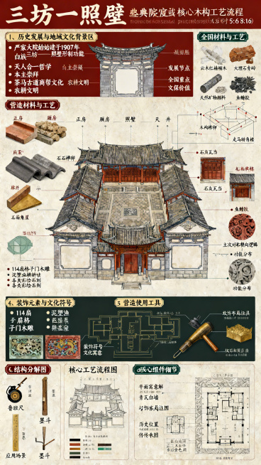 制作一张A3大小云南大理喜洲严家大院“三坊一照壁”建筑格局的信息可视化流程图展板，尺寸比例9:16，采用复古精致信息密度高的图解风格，色彩采用东方传统的朱砂红、青石灰、苍山黛、墨黑、鎏金配色，融入白族预览效果