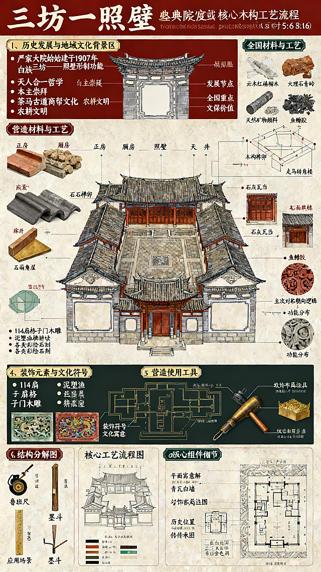 制作一张A3大小云南大理喜洲严家大院“三坊一照壁”建筑格局的信息可视化流程图展板，尺寸比例9:16，采用复古精致信息密度高的图解风格，色彩采用东方传统的朱砂红、青石灰、苍山黛、墨黑、鎏金配色，融入白族建筑“青瓦白墙”素雅色调，凸显非遗文化底蕴。核心板块：1、历史发展与地域文化背景，严家大院始建于1907年，白族三坊一照壁形制功能，蕴含天人合一哲学、本主崇拜、茶马古道商帮文化、农耕文明，发展节点及全国重点文保价值；2、营造材料与工艺，展示云木红椿楸木、大理石青砖石灰瓦当、天然矿物颜料鱼鳔胶，解析木构榫卯、走马转角楼等核心工艺；3、整体结构，展示正房厢房照壁天井漏角屋五段布局，主次对称朝向逻辑及功能分布；4、装饰元素与文化符号，展示114扇格子门木雕、泥塑渔樵耕读等、各类彩绘石刻，说明装饰符号文化寓意；5、营造使用工具，展示鲁班尺墨斗等传统测量加工雕刻彩绘工具，说明应用场景；6、核心组件细节插图，包含结构分解图、核心工艺流程图、平面布局标注图、纹饰寓意解、历史位置传承图。三坊一照壁经典院落全景图或核心木构工艺流程图居中，所有文字为专业中文知识解析。