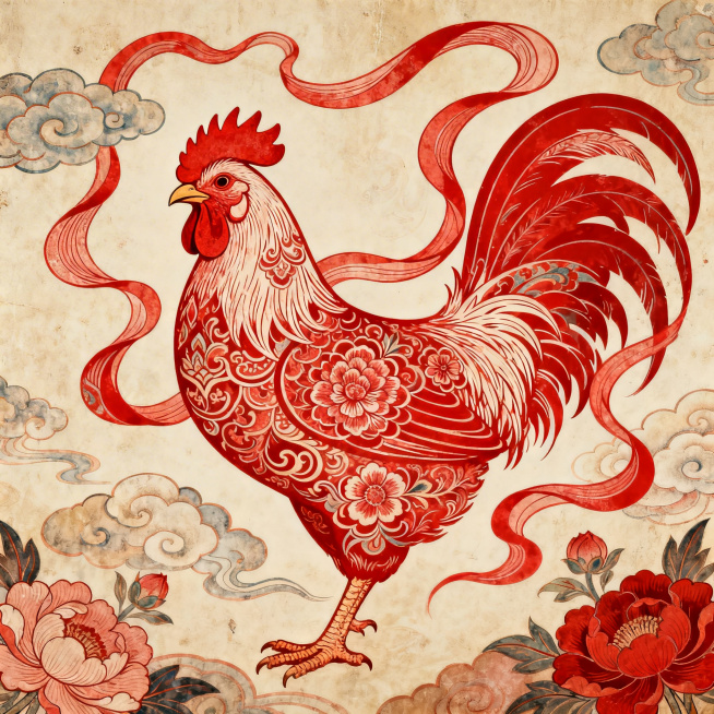 酉鸡主题插画，融合中国传统风格与敦煌壁画艺术特色，红色主色调，鸡的形象融入敦煌飞天元素、祥云纹样、传统花卉图案，线条细腻流畅，色彩饱满浓郁，具有敦煌壁画特有的厚重质感和华丽装饰性预览效果