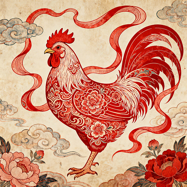 酉鸡主题插画，融合中国传统风格与敦煌壁画艺术特色，红色主色调，鸡的形象融入敦煌飞天元素、祥云纹样、传统花卉图案，线条细腻流畅，色彩饱满浓郁，具有敦煌壁画特有的厚重质感和华丽装饰性