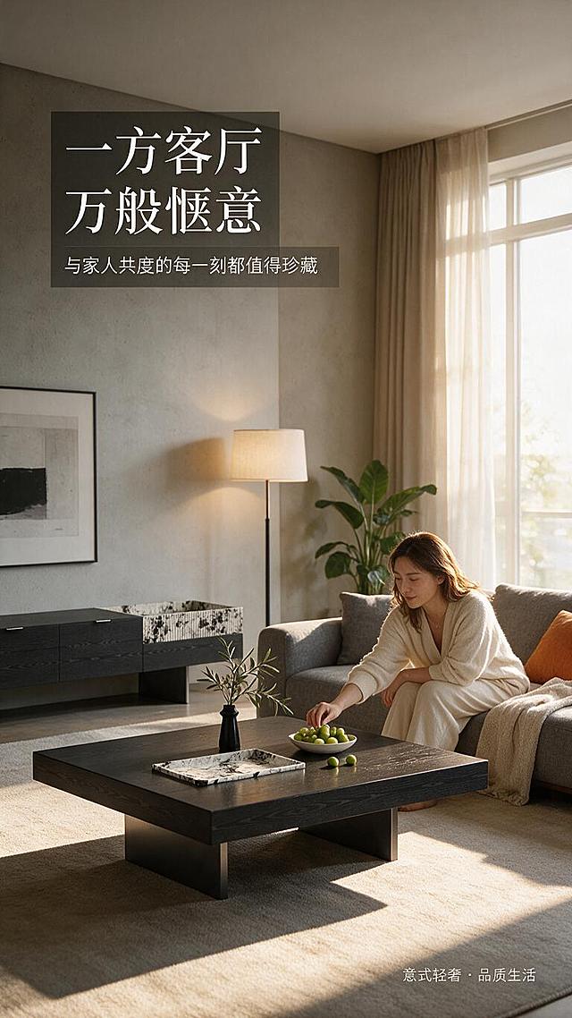 [第5张] 详情页场景沉浸页-客厅生活方式场景人物互动。本张使用【图1】茶几+电视柜组合作为场景主体。
[氛围/风格] 意式轻奢生活方式场景，暖调自然光，温馨高级的居家氛围，商业摄影质感。
[元素布局] 现代大平层客厅全景，电视柜靠浅灰色背景墙摆放，茶几置于灰色布艺沙发前；人物动作：一位气质女性侧身坐在沙发边缘，手伸向茶几上的果盘，自然放松状态；场景软装：米色地毯、极简落地灯、艺术挂画、绿植、沙发抱枕、茶几上摆放黑色花瓶+橄榄枝+大理石托盘+青柠果盘；产品外观、颜色、结构与输入图完全一致，自然融入场景。
[光影质感] 右侧大窗户自然光为主光源，暖金色调，室内辅光补亮暗部，地面柔和长投影，奢石台面有自然天光反射，整体温暖有层次。
[配色色系] 全局底色为暖灰调场景色；主色黑色家具+白色奢石；辅助色浅灰沙发、米色地毯、暖光、绿植深绿、人物浅色系服装。
[视角构图] 正面微侧广角视角，人物与家具互动自然，阅读动线从人物 → 茶几 → 电视柜延伸。
[文字版式] 版式为左上标题叠加 + 场景满铺 + 右下氛围短句。主标题「一方客厅 万般惬意」，副标题「与家人共度的每一刻都值得珍藏」，左上半透明深色底衬托白色文字；右下角小字「意式轻奢 · 品质生活」；文字不遮挡人物面部与产品主体。
[比例分辨率] 9:16 竖版比例，1K分辨率，文字清晰可辨，高清画质。
[负向提示词] 人物变形，面部模糊，产品变形，颜色偏差，水印，文字错乱，文字过小，场景杂乱，光影不自然。