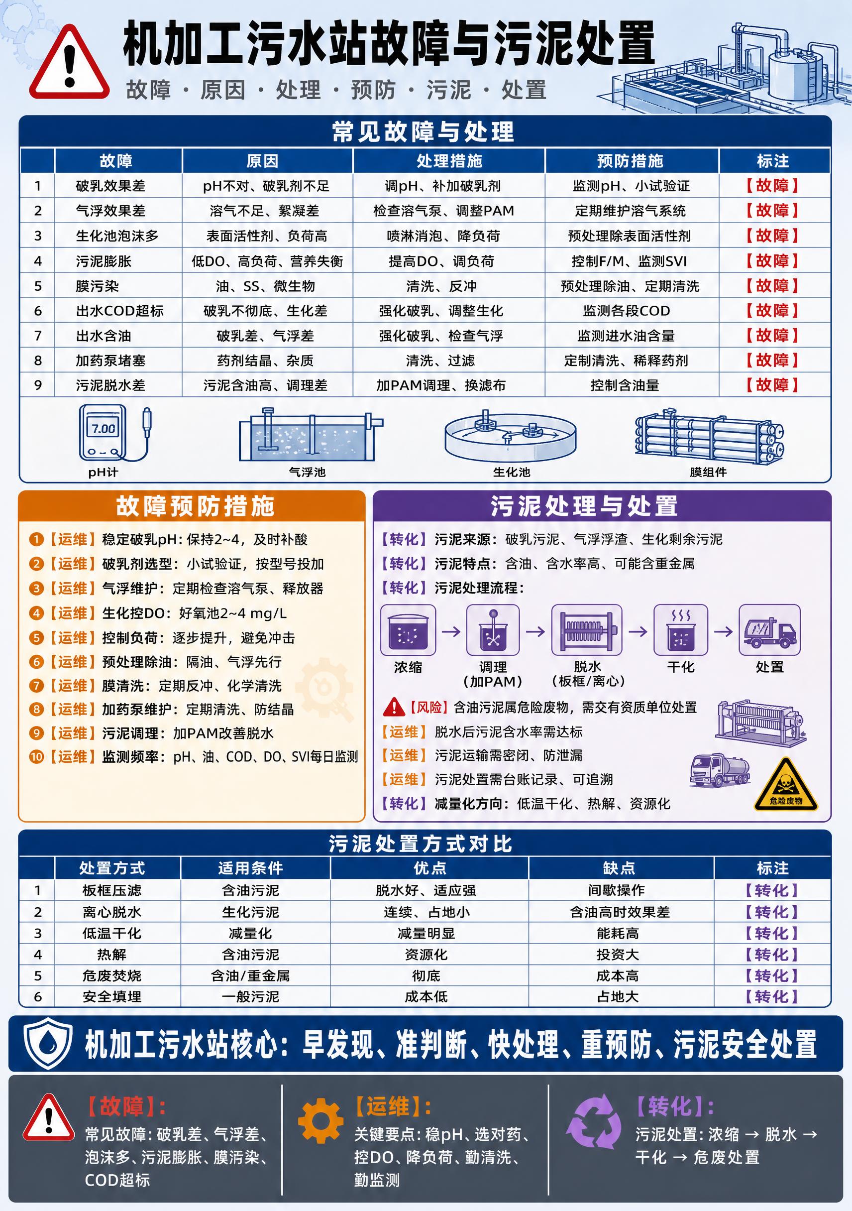 一张竖版A4工业环保风格的工程信息图海报，主题为机加工污水站故… - 图片创意预览