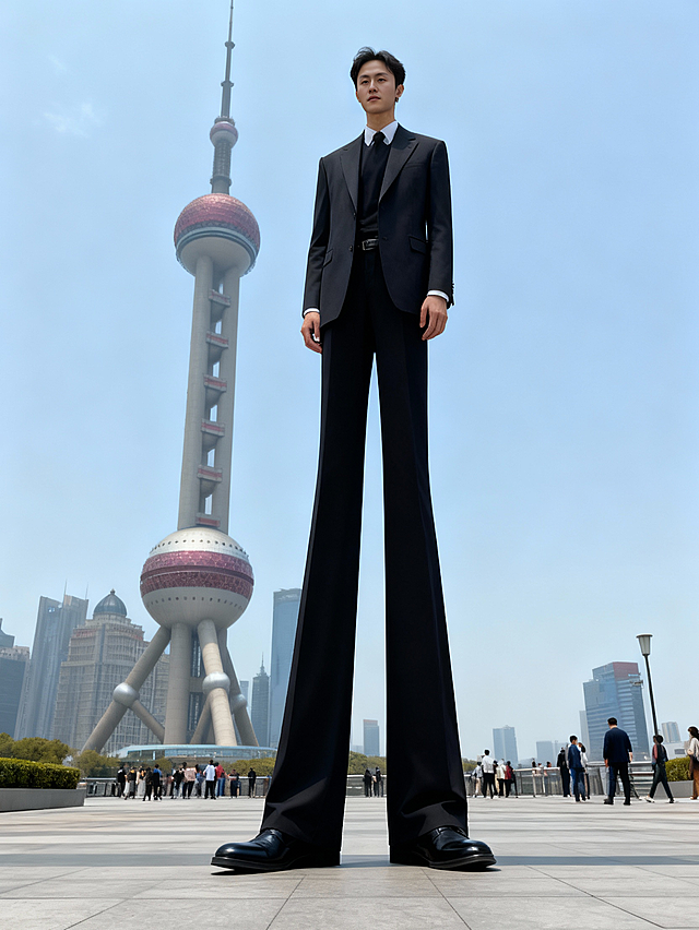 现代感与未来感交融，商务精英立于东方明珠前，软3D风视错觉艺术强化体积感与冲击感，金属质感光影交织，实景感十足。