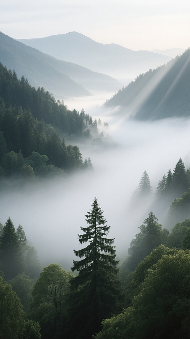超写实摄影视角，三分法构图，稍高俯瞰山谷，深绿针叶阔叶交织，中央挺拔松树立，晨雾灰白柔和过渡，前景树锐中景雾朦远景山隐，清晨柔光漫反射，雾气轻盈流动，林间湿润，丁达尔效应显，自然生机神秘，干净现实风背景素材适用提示词