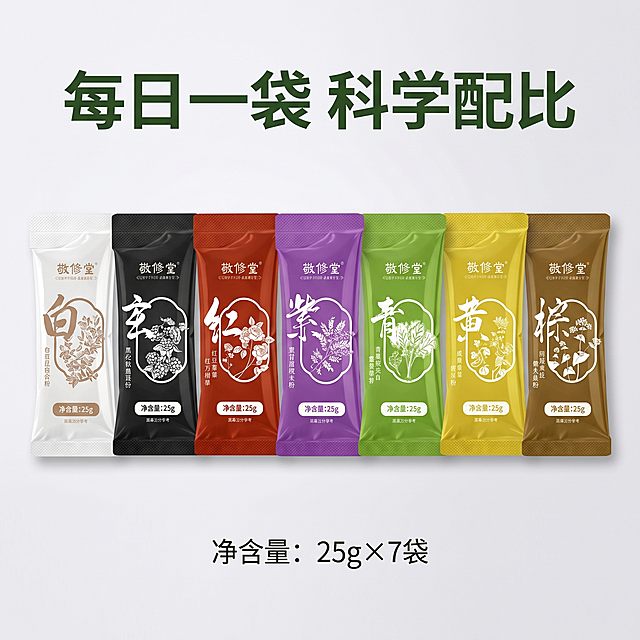 [主图-3] 七日膳产品独立包装细节展示图
[氛围风格] 干净简约，品质感
[画质] 商业摄影质感、光线柔和通透、产品清晰真实、画面干净高级
[细节要求] 微距特写展示七种独立小包装，平摊整齐排列展示全部七款，每款包装颜色和文字都清晰可见。保持敬修堂七日膳小包装外观、颜色、文字信息与输入产品图绝对一致，杜绝任何变形和色差。商品主体占比严格控制在75%左右，画面满屏无边框。背景为浅灰色渐变，突出包装本身的设计和色彩
[光影] 均匀柔和的影棚柔光，清晰呈现包装印刷细节和色彩
[配色] 七种包装天然色彩自然呈现，白、黑、红、紫、绿、黄、棕依次排列，色彩丰富有序
[视角构图] 平拍俯视，七款包装横向整齐排列，完整展示所有单品
[文字版式] 顶部大字为"每日一袋 科学配比"，深绿色粗体；底部小字标注"净含量：25g×7袋"，简单清晰，文字不遮挡产品主体
[比例分辨率] 1:1 比例，2k分辨率；文字清晰锐利，画面超高清
[负向提示词] 变形，水印，文字错乱，产品图模糊，背景杂乱，价格，绝对化违禁词，疾病治疗宣传