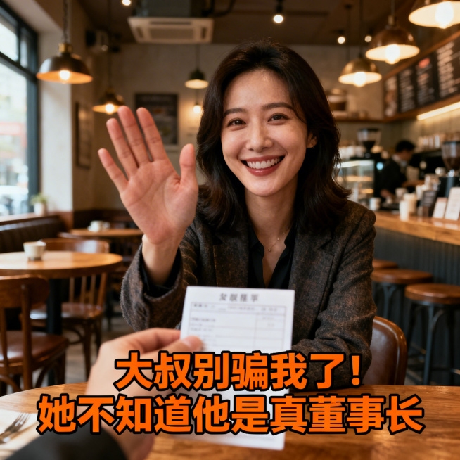 短剧广告近正方形小方图，真人摄影风格，超写实，电影质感，咖啡厅内，亚洲美女笑着摆手拒绝支票，画面底部添加橙色标题文字："大叔别骗我了！她不知道他是真董事长"预览效果