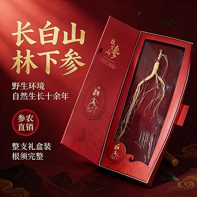 [主图-1] 首图点击率，主题：长白山林下移山参礼盒装 野生环境生长十余年 参农直销。
[统一基调] 拼多多风格，大字直白、高性价比感、国风高端滋补；背景主色为中国红+深酒红渐变，标题字色为烫金/金色，辅助字色为米白，强调色为正红；字体为粗厚书法宋体+黑体辅助；卡片用金边红底国风纹样，整体喜庆高端有冲击力。
[画面] 产品为红色林下山参礼盒（带金色提手和烫金书法字），礼盒打开露出内部整支带完整根须的林下参，参体修长芦头清晰，根须细密完整，用红色珠针固定在酒红色内衬上。礼盒位于画面右侧偏中，占画面约60%，略微倾斜呈展示角度，礼盒旁散落2-3片长白山松针和一小段木枝点缀。左侧为大标题区，负空间充足。背景为深红色渐变，底部有淡淡的长白山山脉剪影和祥云暗纹，顶部有柔和暖光从左上打下，营造高端滋补礼盒的尊贵感。
[光影质感] 商业摄影质感，主光左上45度暖光，礼盒表面有细腻烫金反光，参体有自然干参纹理光泽，阴影柔和不生硬，整体通透有层次。
[配色] 主色中国红+深酒红，字色烫金+米白，点缀金色祥云纹样，场景色为暖木棕和深绿松针。
[文字版式] 左侧上方超大烫金书法主标题"长白山林下参"，下方一行米白黑体"野生环境 自然生长十余年"，再下方红色印章式圆框内金色字"参农直销"，底部米白小字"整支礼盒装 根须完整"。文字左对齐，层级分明，主标题最大最粗，辅助文缩小60%以上，不遮挡产品主体。
[输出要求] 1:1正方形比例，1K分辨率，文字清晰锐利，产品完整不切割，礼盒和参体细节清晰；负向：变形、错字、模糊、杂乱、水印、平台Logo、医疗功效宣称、绝对化用语。