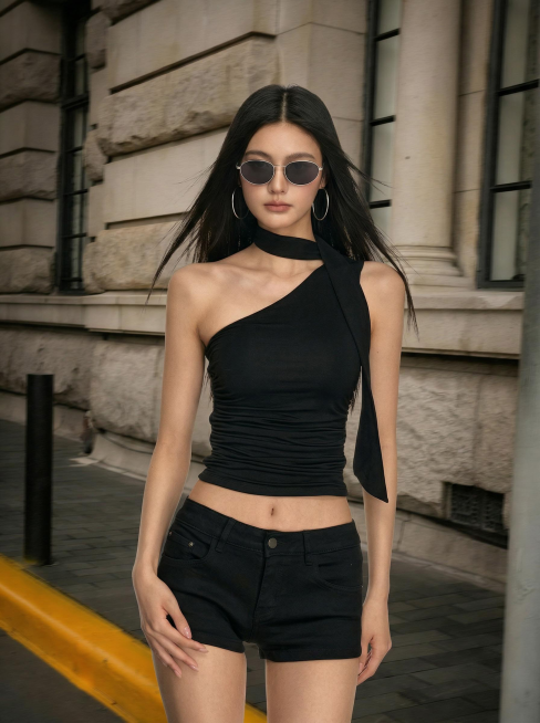 让图一中的模特戴上图二的墨镜，墨镜不变形、保留细节，戴上图四的耳环，背景替换为图三并设置为动态模糊，整体画面光影自然真实预览效果