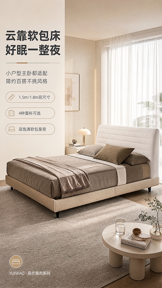 [商品] 使用【图1】现代简约软包双人床；商品处理：保留床头高靠背、米白色软包、浅米色床架、床尾低挡板的整体结构与颜色；增强软包面料纹理质感，理顺床品褶皱，提升整体精致度，不改变床的版型和结构比例。
[画面] 目标：第1张-风格空间头图，打造高级简约卧室氛围，突出小户型也能拥有的舒适睡眠空间。构图：左文右景，左侧约1/3竖列文案区，右侧2/3为卧室大场景；床体侧45度角摆放，占画面约55%；前景铺浅灰色地毯+圆形边几，中景为床+床头柜+台灯，后景为落地窗+白纱窗帘+柔和自然光；营造慵懒午后阳光洒入的温馨居家氛围。
[视觉] 套系策略：风格=现代简约轻奢商业摄影；标题字=现代无衬线粗体中文；正文字=简洁无衬线体中文；主色=米白+浅奶咖；背景延展=基于米白奶咖做深浅层级、同色渐变和细腻墙面/织物质感；强调色=暖棕金，仅用于小面积图标、引线、标签和装饰线条；标题色=深炭灰；正文色=中暖灰；组件=圆角浅底信息卡、细线引线、胶囊形卖点框；光影=左前侧暖柔光，自然光从右侧窗户洒入，柔和阴影。
[文字] 左侧竖列文案区：主标题"云靠软包床 好眠一整夜"（大字号粗体），副标题"小户型主卧都适配 简约百搭不挑风格"（中字号），下方3条亮点胶囊框："1.5m/1.8m双尺寸"、"4种面料可选"、"高饱满软包靠背"；底部小字系列角标"YUNKAO · 现代简约系列"；文字不遮挡床体主体。
[规格] 图片比例9:16竖版，4K，避免变形、错字、文字过小、冷蓝/蓝灰背景、床颜色改变、结构失真、极限词。