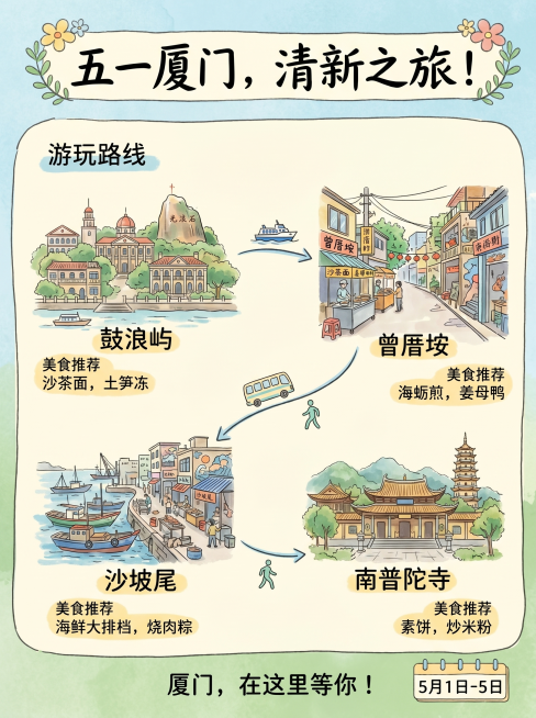 五一厦门旅游攻略海报，包含鼓浪屿、曾厝垵、沙坡尾、南普陀寺等景点，清晰标注游玩路线和美食推荐，风格清新自然，信息丰富清晰预览效果