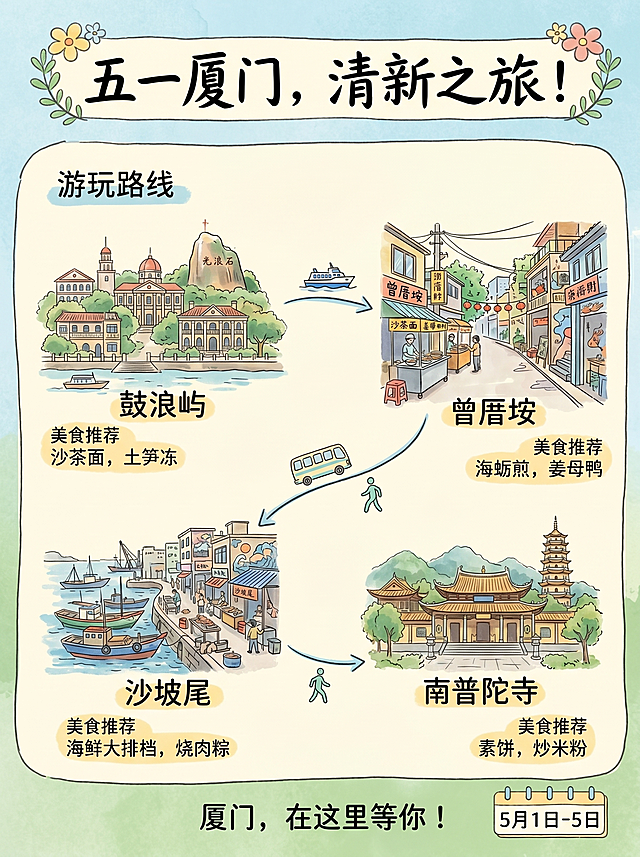 五一厦门旅游攻略海报，包含鼓浪屿、曾厝垵、沙坡尾、南普陀寺等景点，清晰标注游玩路线和美食推荐，风格清新自然，信息丰富清晰