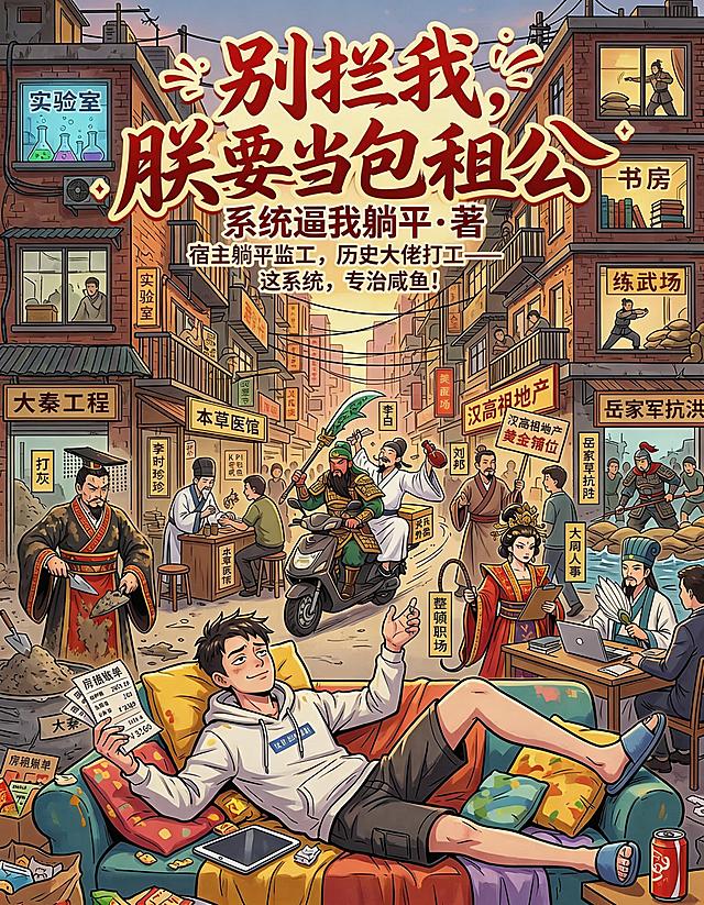 在原封面书名下方添加清晰醒目的文字"系统逼我躺平·著"，保留原封面所有元素和风格不变，文字清晰可辨认，位置明显突出，保持整体排版协调