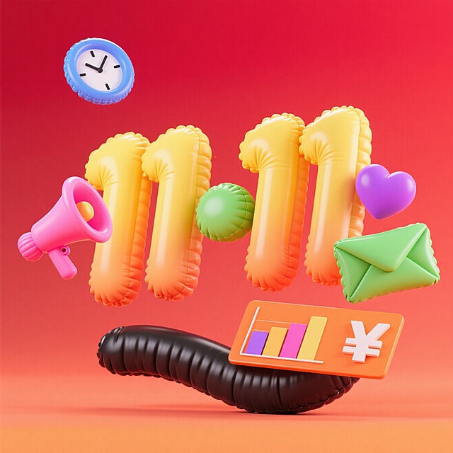 软3D充气风格，色彩鲜艳的“11.11”数字搭配喇叭、时钟、爱心等元素，波普艺术感十足，营造出充满趣味与喜庆的促销氛围。