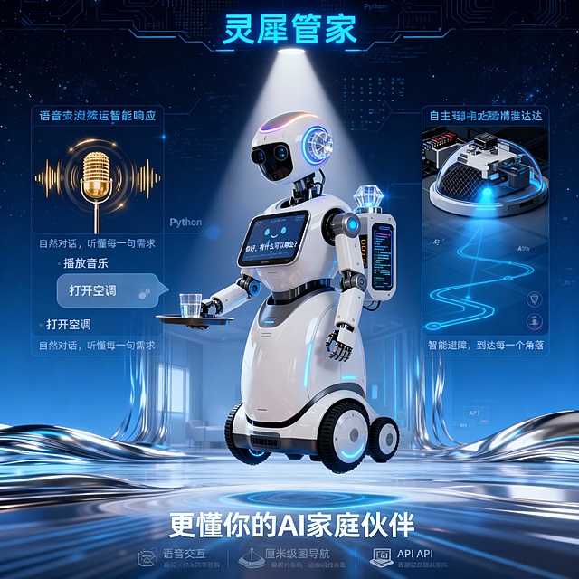 根据产品的概念图和以下生成产品

   海报主题：**《智联生活，随声而动》

**整体构图：**
竖版科技感海报，采用中心对称布局。画面中央为机器人立体展示图，左右两侧以发光线条连接两大功能图标，背景为流动的数据流与抽象家居轮廓融合。

---

**主视觉区：**
1. **产品主体**：
   - 产品名称：【灵犀管家】AI交互机器人（置于海报顶部醒目位置，采用纤细科技字体，配蓝色霓虹光效）
   - 机器人呈45度角展示：哑光白色卵形机身，高约1米，底部悬浮式底盘微微离地
   - 头部环形呼吸灯呈声波纹扩散状（展示语音交互激活状态）
   - 胸前曲面屏显示：“你好，有什么可以帮您？”对话界面
   - 机身两侧激光雷达透明罩内可见旋转扫描光线

---

**核心功能展示区（左右对称布局）：**

**左侧功能模块：语音交互智能响应**
- **图标**：声波图形环绕麦克风图案，散发金色光效
- **场景示意**：机器人前方浮现半透明对话框，显示：“播放音乐”、“打开空调”等指令关键词
- **说明文字**：“自然对话，听懂每一句需求”

**右侧功能模块：自主导航精准抵达**
- **图标**：三维立体地图路径图，终点闪烁蓝光
- **场景示意**：机器人眼部投射出蓝色导航路径光，在地面形成动态路线图
- **说明文字**：“智能避障，到达每一个角落”

---

**辅助视觉元素：**
1. **可编程接口暗示**：机器人背部若隐若现的模块化接口，周围漂浮着微小的代码符号（Python、API等字样）
2. **材质表现**：机身局部特写展示三种质感：
   - 哑光主体材质细腻反光
   - 黑色传感器区域网格纹理
   - 半透明罩内精密元件细节
3. **动态效果**：从机器人底部延伸出淡蓝色数据流，与背景融合

---

**背景设计：**
- 底层：深蓝色渐变星空背景
- 中层：流动的银色数据流线条构成抽象房间轮廓（暗示家居场景）
- 上层：若隐若现的电路板纹理与点阵光效
- 光效：聚焦机器人主体的聚光灯效，功能图标区域有柔和光晕

---

**底部信息区：**
- 标语：“更懂你的AI家庭伙伴”
- 产品特性图标组（小图标+简短说明）：
  - 🎤 多语种语音交互
  - 🗺️ 厘米级建图导航  
  - ⚙️ 开放API接口