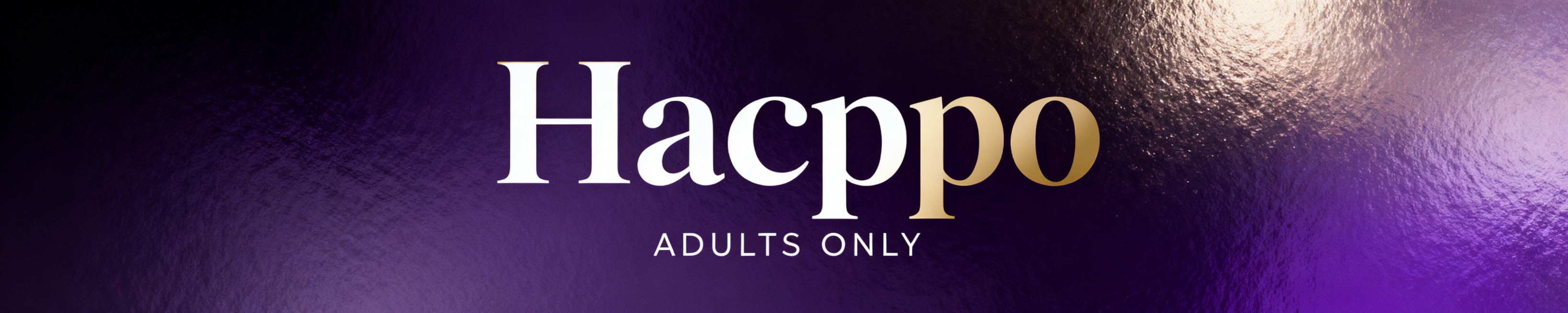 3000×600像素亚马逊品牌旗舰店Header Banner，品牌名Hacppo，轻奢神秘高级风格，暗紫色渐变背景带有细腻金属光泽质感，居中展示Hacppo品牌名，字体为优雅衬线体，颜色为白金色，品预览效果