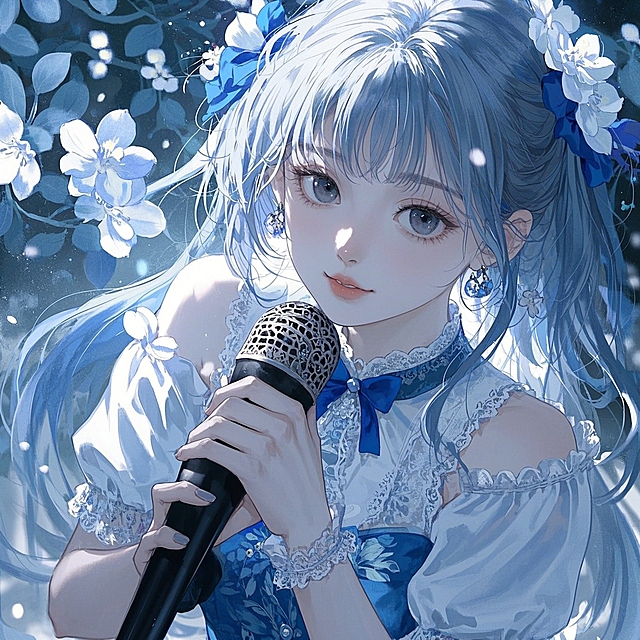 梦幻水彩风，唯美女声歌手，蓝白花海中，动漫虚拟自然，清新唯美。