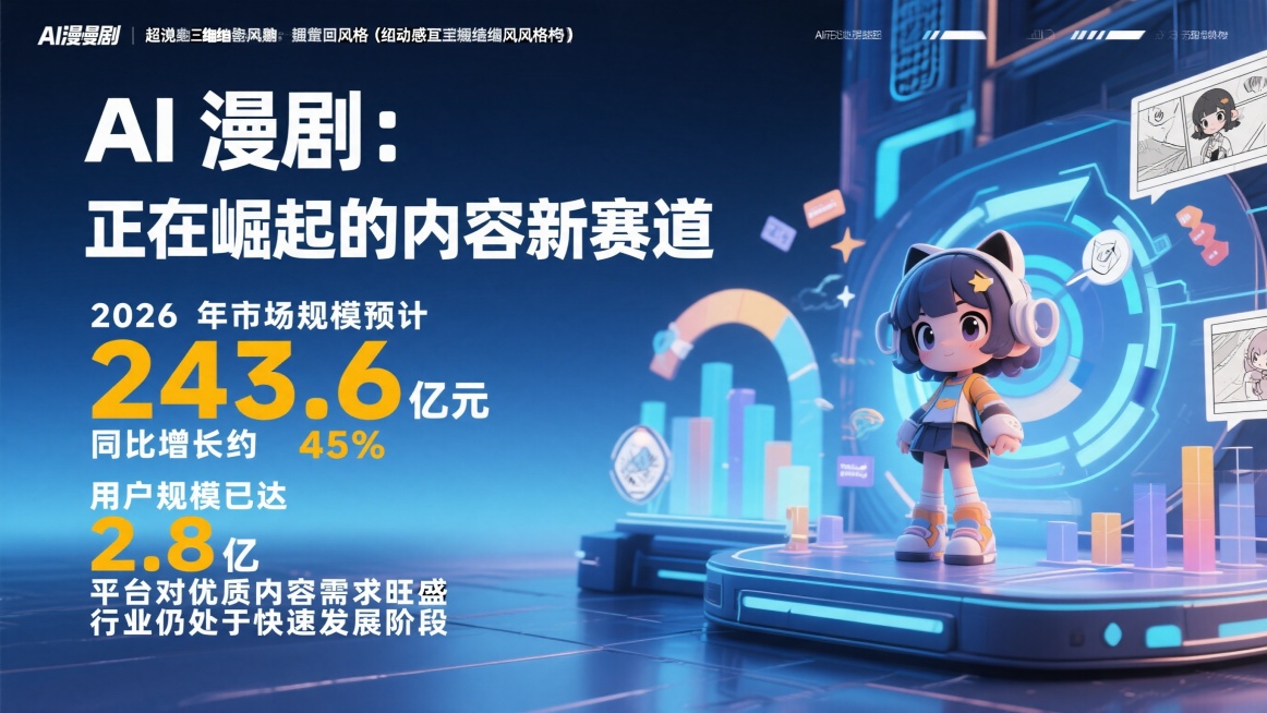 AI 漫剧：正在崛起的内容新赛道2026 年市场规模预计 243.6 亿元同比增长约 45%用户规模已达 2.8 亿平台对优质内容需求旺盛行业仍处于快速发展阶段预览效果