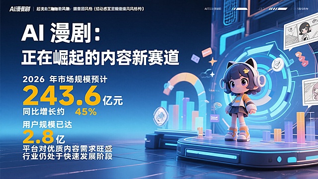 AI 漫剧：正在崛起的内容新赛道2026 年市场规模预计 243.6 亿元同比增长约 45%用户规模已达 2.8 亿平台对优质内容需求旺盛行业仍处于快速发展阶段