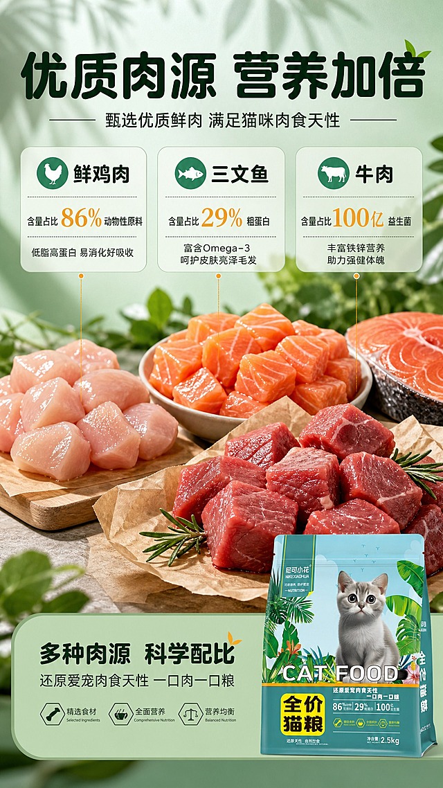 [商品] 使用【图2】尼可小花全价猫粮袋装产品；保留包装袋所有原貌特征；商品处理：产品袋放在画面底部或侧边作为辅助展示，主要展示原料食材。
[画面] 页面目标：优质肉源成分展示，突出高肉含量和原料品质；构图骨架：顶部标题，中部三大原料分区展示，底部产品袋露出；主体位置：原料食材占据画面中部主视觉；主体占比：原料食材占画面约65%；景别：原料微距特写组合；阅读动线：从上到下；前中后景：前景新鲜肉类食材特写，中景分装小碗展示，后景青绿色渐变+植物叶影；场景：新鲜食材平铺展示，模拟厨房料理台质感，干净整洁。
[视觉] 套系策略：风格=自然清新森系商业摄影风；标题字=粗黑体圆润字形；正文字=简洁无衬线体；主色=青绿色（#2A9D8F）；背景延展=基于青绿色做深浅层级、同色渐变和自然植物/木纹/草地质感；强调色=暖黄色（#F4A261），仅用于小面积图标、引线、标签和数字高亮；标题色=深墨绿色；正文色=深灰绿色；组件=圆角浅绿信息卡、细线引线、叶片装饰元素；光影=顶部柔和自然光，食材表面有自然高光，新鲜诱人。
[文字] 顶部主标题："优质肉源 营养加倍"，副标题："甄选优质鲜肉 满足猫咪肉食天性"；三大原料分区："鲜鸡肉"配新鲜鸡肉块特写、"三文鱼"配三文鱼肉块特写、"牛肉"配牛肉块特写；每个原料下方标注含量比例和营养说明；底部产品袋旁标注"多种肉源 科学配比"；所有文字横向排版，字号保证手机端清晰可读。
[规格] 图片比例9:16竖版，4K，避免变形、错字、文字过小、食材不新鲜、冷蓝/蓝灰背景。