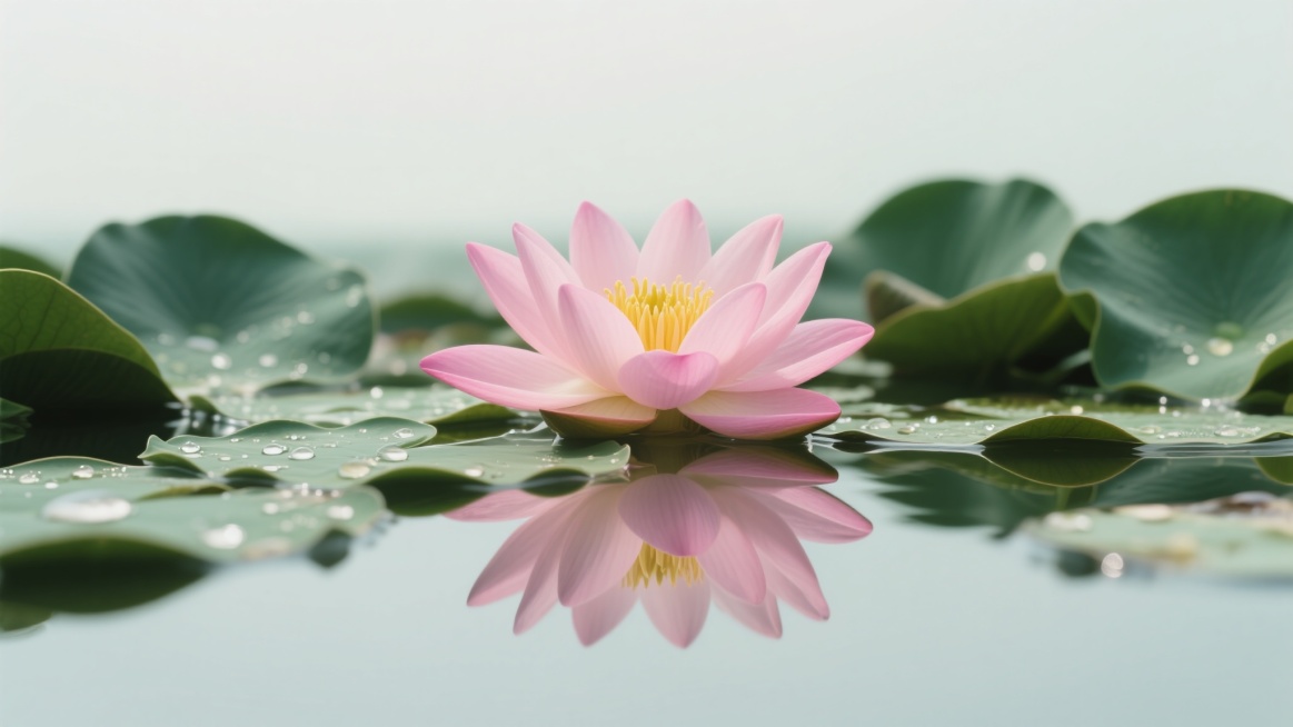 写实摄影风格的夏日池塘景观，画面上方及左右两侧保留约50%的留白空间，主体为一朵盛开的粉色荷花，花瓣边缘呈柔和的渐变粉色，中心有黄色花蕊，周围环绕多片深绿色荷叶，部分荷叶上点缀着晶莹的水珠，荷叶在水面形成清晰的倒影，水面平静如镜，整体色调以清新的粉绿色为主，光影柔和自然，营造出宁静、淡雅的夏日氛围。预览效果
