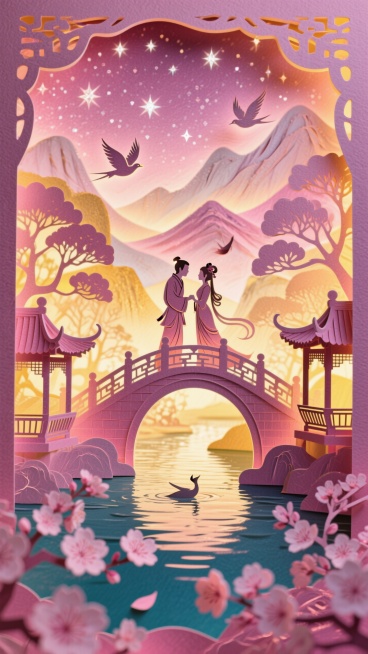 暗粉色为主色调，背景强透光，镂空效果。牛郎织女鹊桥相会，周围有拱桥、河流、两侧中式凉亭，盛开的桃花，背景层叠山峦、树木，飞鸟。天空为漫天繁星，每颗星星都像钻石一样闪亮预览效果