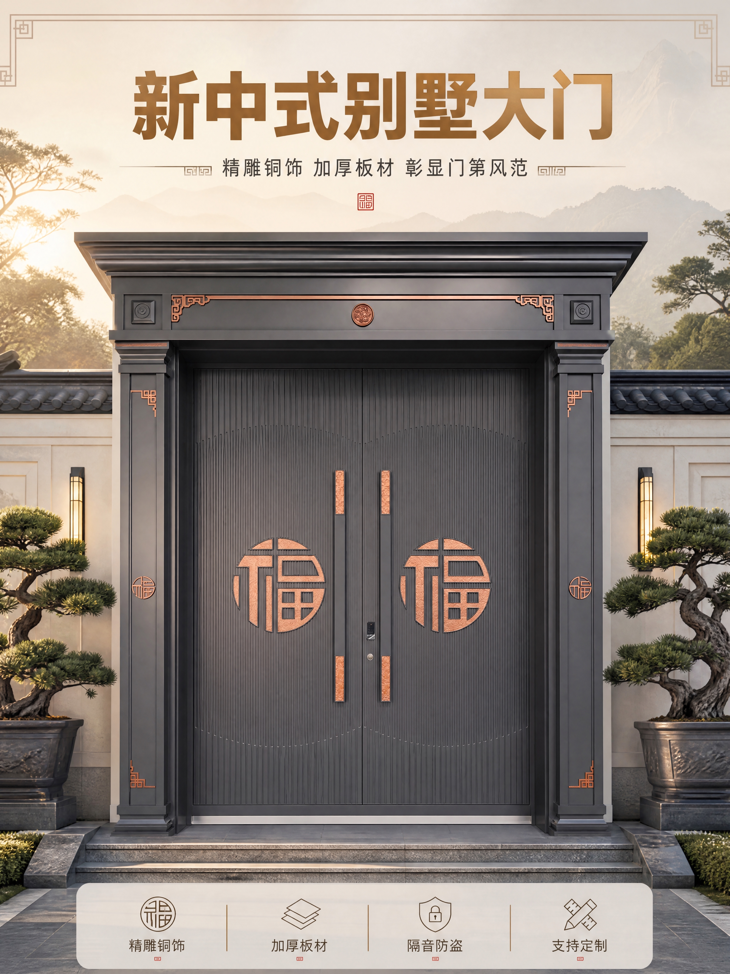 [商品] 使用【图1】新中式深灰色别墅对开大门；保留深灰竖条纹… - 图片创意预览