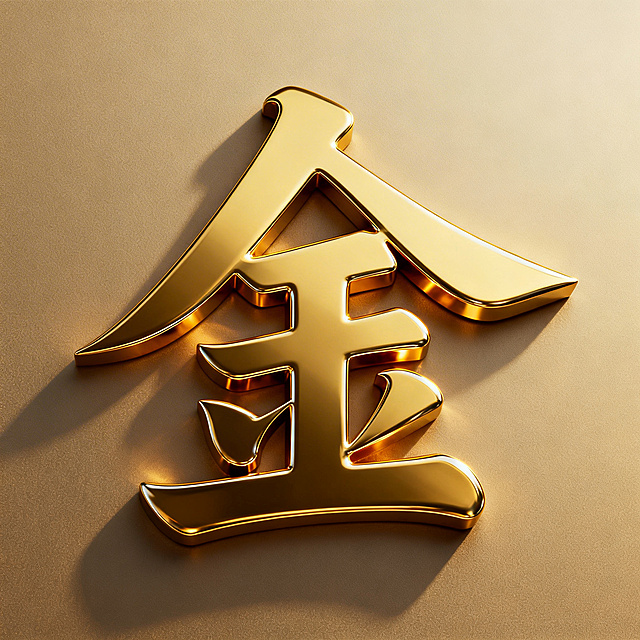 一个立体醒目的金色书法字体“金”，金属质感，光影细腻，高级质感