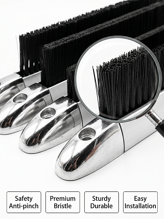 [Main Image 3] Escalator brush material detail display image. Keep the overall product appearance consistent with the original image, focus on close-up of the local details: silver metal connection head polishing texture and black bristle density toughness. White background, the product is placed in the center, a local detail magnifying glass frame highlights the bristle toughness. Commercial close-up photography, clear texture, strong contrast, highlight the durable and high-quality material. In the bottom, place four small labels with core advantages: "Safety Anti-pinch", "Premium Bristle", "Sturdy Durable", "Easy Installation", simple style, clear text. Compliance with Amazon cross-border platform specifications, no extra marketing decoration. 3:4 ratio, 2K resolution, super high definition. Negative prompt: distortion, watermark, text confusion, blurred product, messy background.