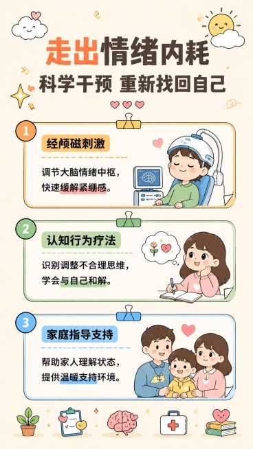 清新扁平化卡通科普风海报，整体风格参考上传的参考图。浅米黄色背景，排版分区清晰，文字信息层级分明。主标题是"走出情绪内耗"，副标题是"科学干预 重新找回自己"。分为三个信息模块展示治疗方案：第一个模块预览效果