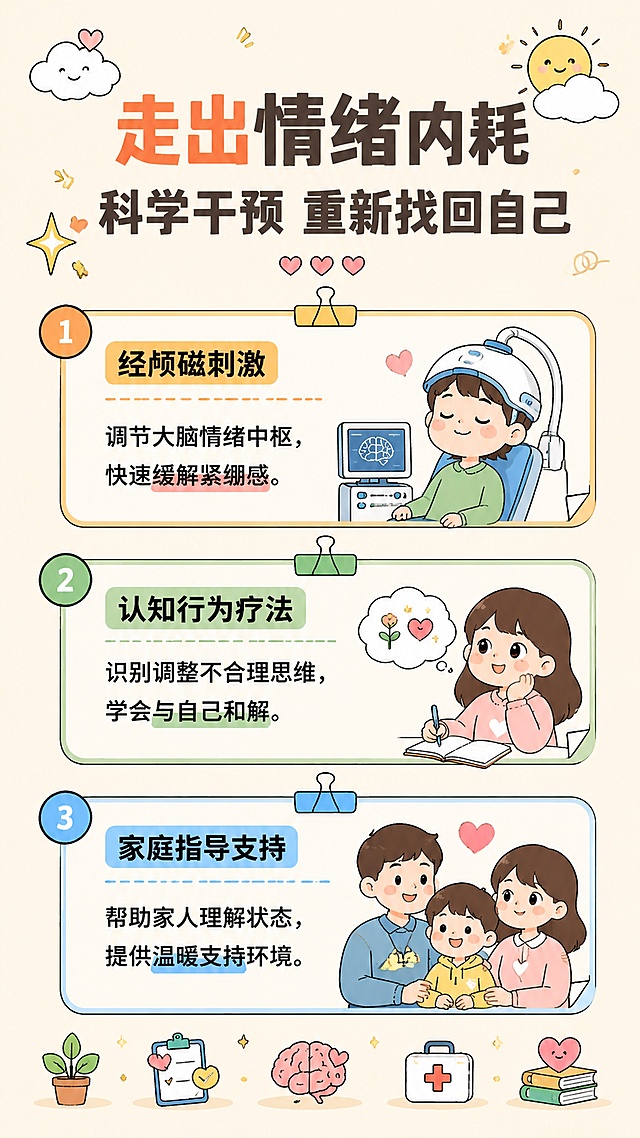 清新扁平化卡通科普风海报，整体风格参考上传的参考图。浅米黄色背景，排版分区清晰，文字信息层级分明。主标题是"走出情绪内耗"，副标题是"科学干预 重新找回自己"。分为三个信息模块展示治疗方案：第一个模块标注"1 经颅磁刺激"，描述：调节大脑情绪中枢，快速缓解紧绷感；第二个模块标注"2 认知行为疗法"，描述：识别调整不合理思维，学会与自己和解；第三个模块标注"3 家庭指导支持"，描述：帮助家人理解状态，提供温暖支持环境。底部点缀小的卡通医疗和心理元素，整体风格温暖治愈，适合心理健康科普，版式精美，9:16比例