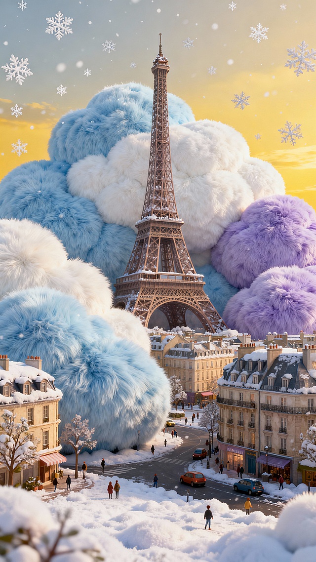 梦幻冬日巴黎，埃菲尔铁塔矗立于毛茸茸的云朵之间，插画风与3D质感交融，雪落如诗，温馨浪漫，充满童话般的趣味与可爱气息。