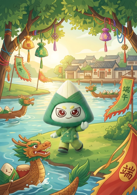 保持粽子IP形象的样貌不变，保留当前新的动作，添加端午主题户外场景作为背景，整体风格和谐统一预览效果