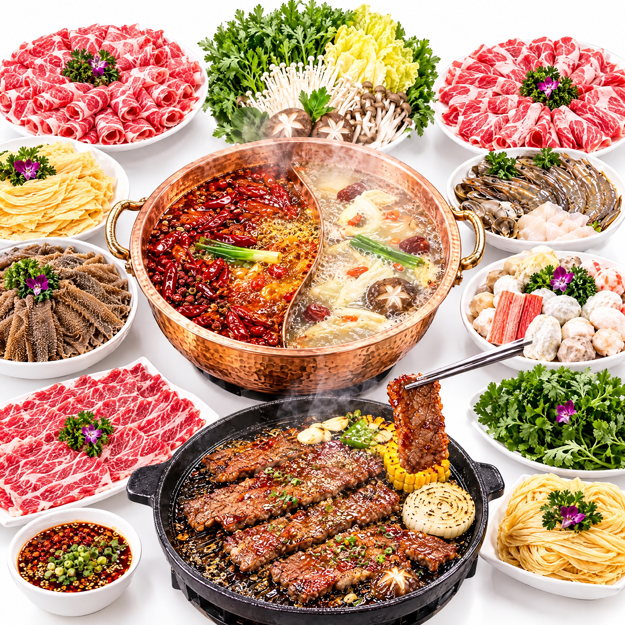 火锅放在画面正中间，周围环绕摆放各种肉类食材，包括肥牛卷、毛肚… - 图片创意预览