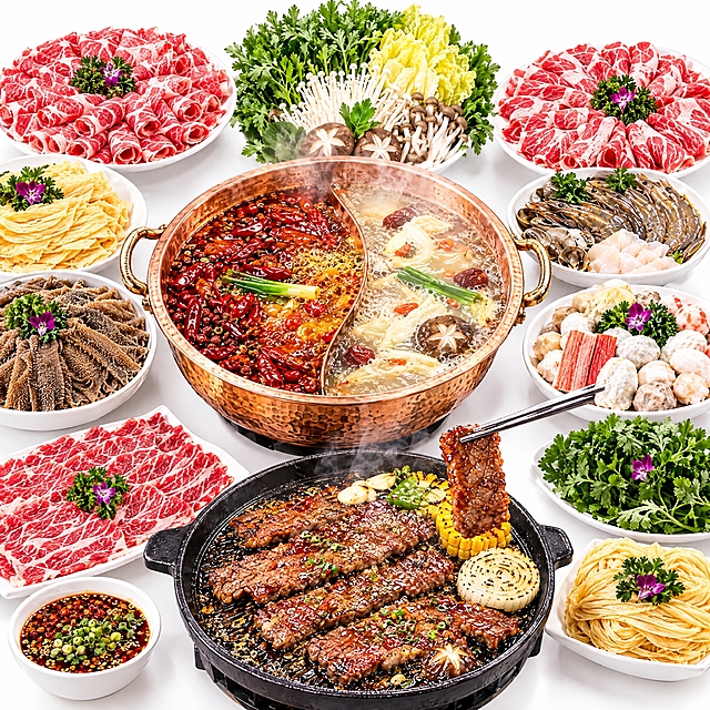 火锅放在画面正中间，周围环绕摆放各种肉类食材，包括肥牛卷、毛肚、烤肉等，全景俯视视角，食材丰富多样，热气腾腾，白色纯净背景，美食摄影风格，高清细节
