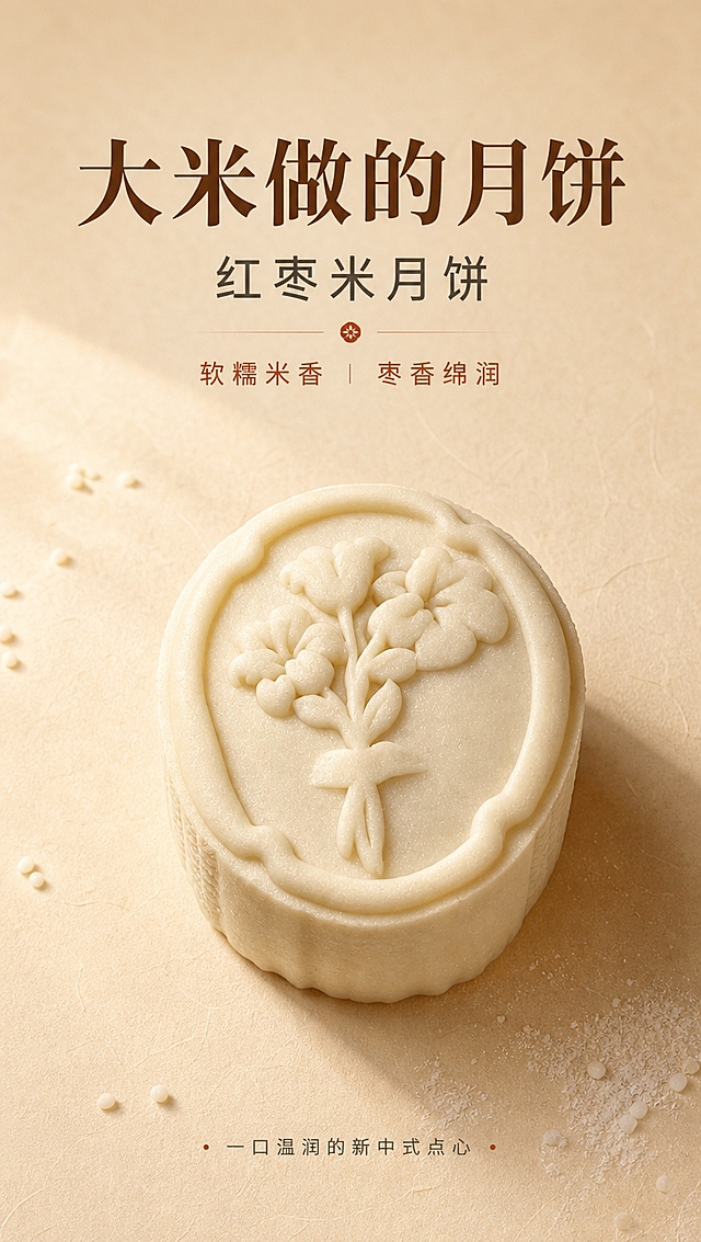 [商品] 使用【图1】完整蝴蝶结浮雕米月饼；保留椭圆形饼身、花束蝴蝶结浮雕压纹、奶米白饼皮颜色、米制糕体质感；去除原冷白背景，不改变饼体结构、压纹图案和颜色。
[画面] 首屏主视觉，产品居中偏下，饼身占画面约55%，微俯视45度角，完整展示蝴蝶结浮雕花纹；浅麦杏纯色背景带细腻纸张肌理，前景散落极少量米粉颗粒点缀，画面上方留白放文案；暖侧光从左上方打来，饼身上缘有温润柔和高光，底部投影柔和奶油棕。
[视觉] 套系策略：风格=新中式温润食欲商业摄影；标题字=宋体衬线粗体（优雅厚重）；正文字=简洁无衬线体；主色=暖奶米白；背景延展=基于暖奶米白、浅麦杏做深浅层级、同色渐变和细腻米糕/纸张质感；强调色=蜜枣红棕，仅用于小面积图标、引线、标签和重点文字高亮；标题色=深暖棕（咖啡棕）；正文色=柔炭灰（偏暖调）；组件=细线分隔、圆角浅底信息卡、米点状装饰；光影=统一暖调漫射柔光，左前侧暖光，柔和奶油棕阴影。
[文字] 画面上方居中排版，主标题「大米做的月饼」（大字号，深暖棕），副标题「红枣米月饼」（中字号，柔炭灰），辅助文案「软糯米香｜枣香绵润」（小字号，蜜枣红棕点缀），最下方小字「一口温润的新中式点心」（极小号，柔炭灰）；文字全部横向排版，不遮挡饼体浮雕主体。
[规格] 图片比例9:16竖版，4K分辨率，medium质量；避免冷白背景、冷蓝阴影、炭黑死黑色调、纸盒包装、文字竖排、文字过小、饼体变形、压纹模糊。