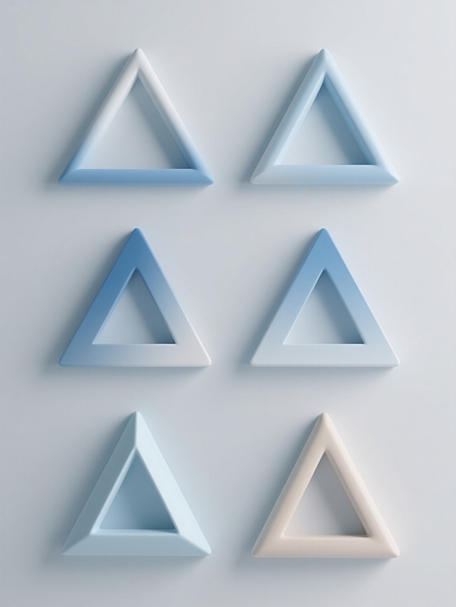 6个不同样式、不同材质、不同角度的3D三角形几何形状元素，采用简约现代的3D设计风格，整体呈现柔和的渐变色彩过渡，主色调为浅蓝色系，搭配其他协调浅色，表面具有光滑细腻的塑胶质感，光影效果为柔和的顶部漫射光源，无明显阴影，每个三角形拥有独特的形态变化（如粗细不同的边框、部分三角形带有圆角或棱角细节变化），所有元素在纯白色浅色背景上以两行三列整齐对齐排列，构图简洁平衡，视觉层级清晰，信息传达高效，符合现代简约设计感。