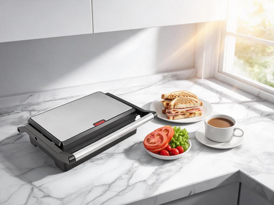 A silver metal and black sandwich press/panini maker with a long handle, closed and placed on a whit预览效果