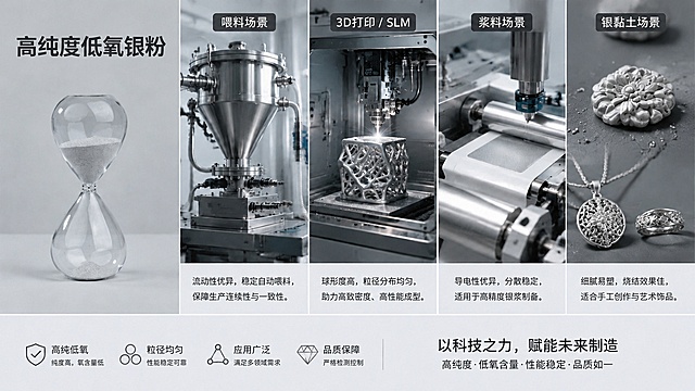 修改这张海报：1. 右上角银黏土场景中，去掉所有手部和工具，只保留银黏土作品和银饰成品的特写画面，场景更聚焦于银黏土成品和银饰首饰的精美展示，保持工业摄影风格和灰调质感。2. 去掉右下角的二维码占位框，将底部右侧的标语"以科技之力，赋能未来制造"及下方说明文字向右延伸居中，填补原二维码位置，使底部通栏布局更平衡美观。其余所有元素保持不变：左侧沙漏银粉产品、四个应用场景（喂料/3D打印SLM/浆料/银黏土）的文字与说明、底部四个核心优势图标及文字、整体简约工业风风格、浅灰白色调、16:9横版比例均保持原样。产品100%还原上传图的沙漏外形、玻璃质感、银粉颜色与形态。画面中所有数字必须精确渲染，不得出现错位、遗漏或编造的数字。画面中所有信息区域必须填充完整合理的内容，不得出现空白框或待填写区域。