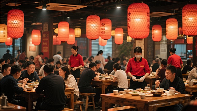 温暖灯光下热闹的餐饮场景，悬挂着传统红色灯笼，食客们围坐在木质餐桌旁用餐，穿着红色上衣的服务人员正忙碌地穿梭其间，整体呈现出温馨而充满烟火气的氛围，具有写实的摄影风格，色彩以暖色调为主，光影柔和，营造出舒适惬意的就餐环境，展现出餐饮场所人来人往、生意兴隆的热闹景象。
