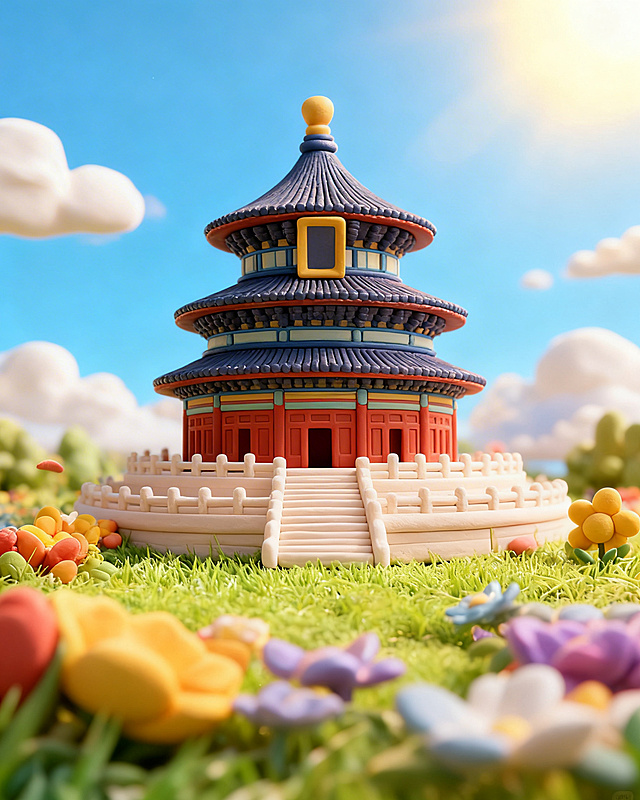 3D黏土风格，北京天坛祈年殿，春意盎然，周围开满五颜六色的花朵，嫩绿的草地，蓝天白云，温暖明亮的阳光，整体氛围清新治愈