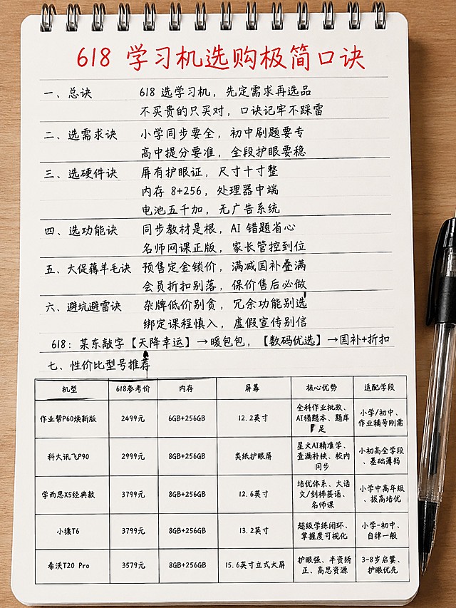 设计一张竖版海报，尺寸比例为3:4，对应90cm宽×120cm高，整体风格为白底日记本手写笔记，放在浅棕色办公桌面上。笔记本顶部带金属装订环，页面添加黑色分行线，整体效果自然，像刚手写完成一样。主标题“618 学习机选购极简口诀”使用红色钢笔手写字体，突出显示。所有文字内容全部保留原始内容不变，不要修改任何文字，全部使用黑色钢笔字体排版清晰。文案完整包含：
一、总诀
618 选学习机，先定需求再选品
不买贵的只买对，口诀记牢不踩雷
二、选需求诀
小学同步要全，初中刷题要专
高中提分要准，全段护眼要稳
三、选硬件诀
屏有护眼证，尺寸十寸整
内存 8+256，处理器中端
电池五千加，无广告系统
四、选功能诀
同步教材是根，AI 错题省心
名师网课正版，家长管控到位
五、大促薅羊毛诀
预售定金锁价，满减国补叠满
会员折扣别落，保价售后必做
六、避坑避雷诀
杂牌低价别贪，冗余功能别选
绑定课程慎入，虚假宣传别信
618：某东敲字【天降幸运】→暖包包，【数码优选】→国补+折扣
七、性价比型号推荐
以及完整表格：作业帮P60焕新版、科大讯飞P90、学而思X5经典款、小猿T6、希沃T20 Pro五款学习机的机型、618参考价、内存、屏幕、核心优势、适配学段全部保留，排版清晰工整。不需要添加logo，整体呈现刚写完笔记的自然真实效果，高清画质。